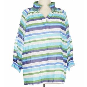 Ann Mashburn Size XL Split Neck Striped 100% Cotton Blouse Lightweight Embraided